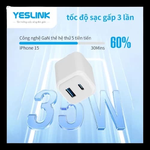Củ sạc Yeslink 35w 2 cổng USB-C+ USB-A P1335B