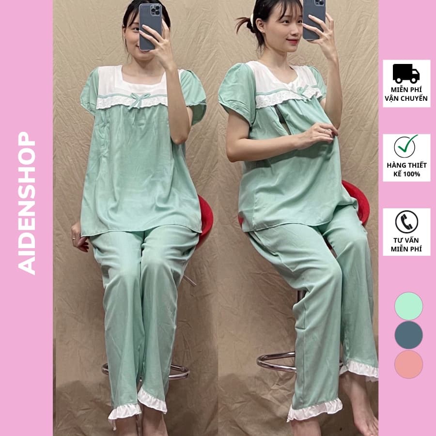 Bộ bầu áo cộc và quần dài bầu và sau sinh chất đũi mát có khóa ti freesize 46-68kg