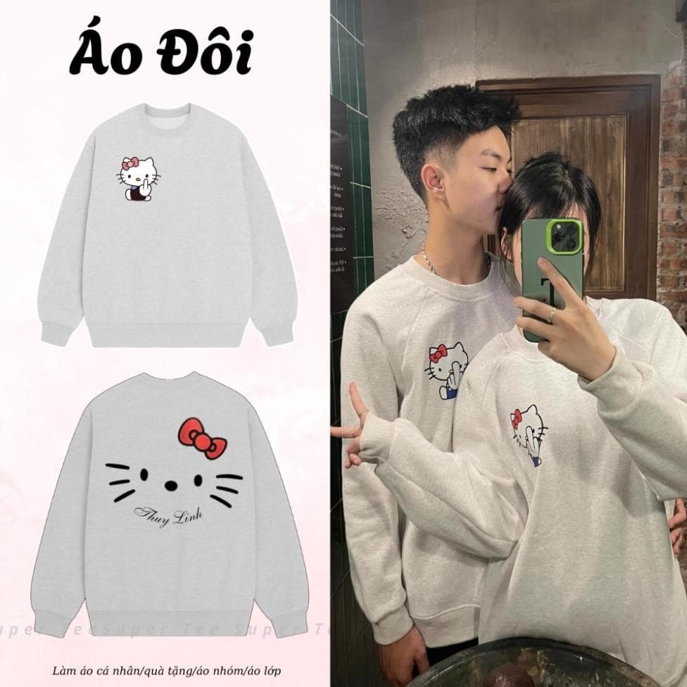 Áo Sweater In Theo yêu Cầu, In 2 Mặt Hello Kitty +Tên, Làm Quà Tặng Cặp Đôi, Áo Lớp, Áo Nhóm, Đồng Phục UT