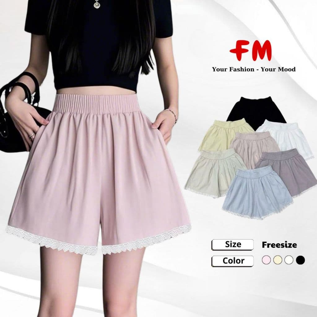 Quần Short Đùi Kiểu FMSTYLE Vải Trơn Lưng Thun Lai Phối Ren Thoáng mát dễ mặc Freesize 26030373
