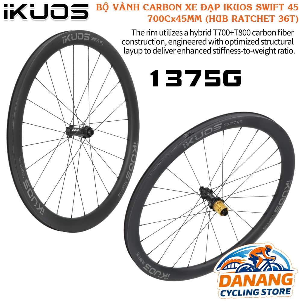 Bộ Vành Carbon Xe Đạp Road IKUOS SWIFT 45 700Cx45mm – Wheelset Carbon, Hub Ratchet 36T, Phanh Đĩa Thả