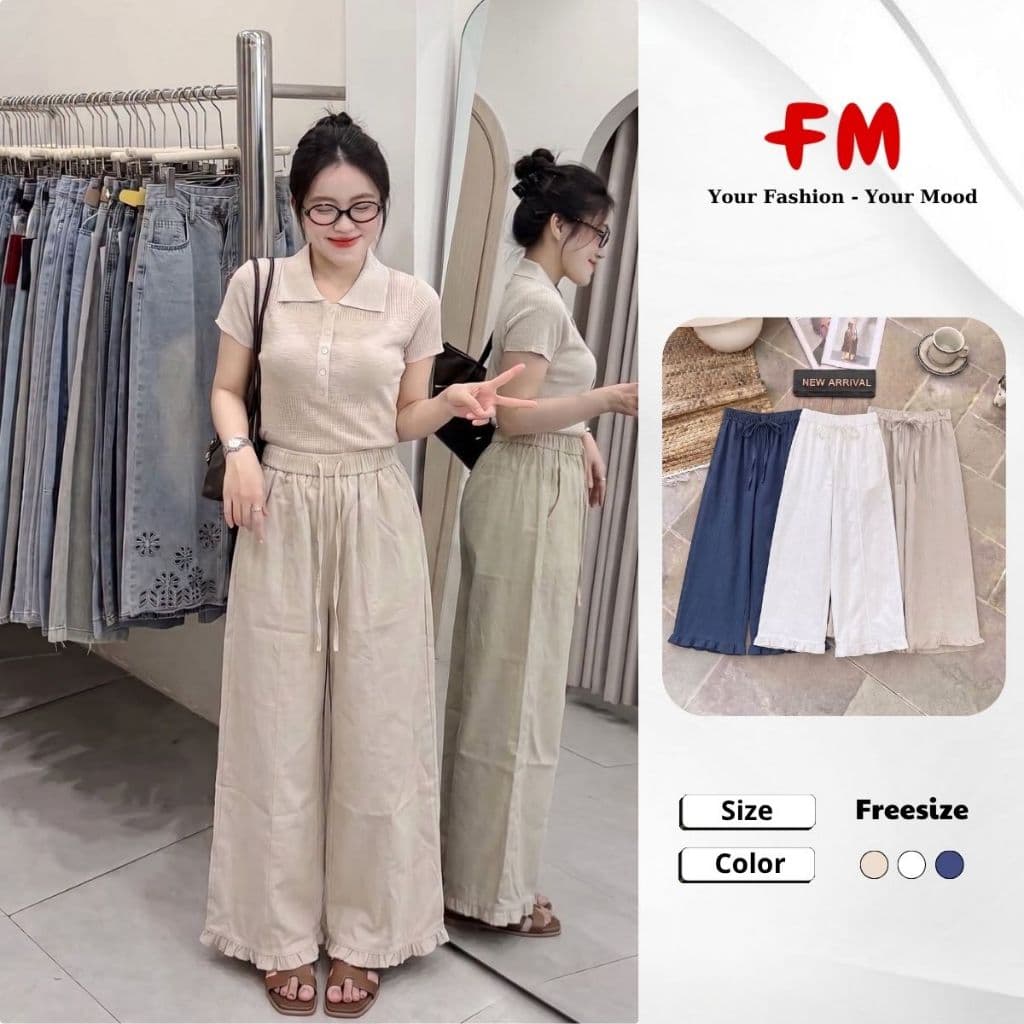Quần Kaki Nữ Ống Suông Viền Giữa Lai Bèo FMSTYLE -  Lưng Chun Dây Rút, Mặc Mát 26070195