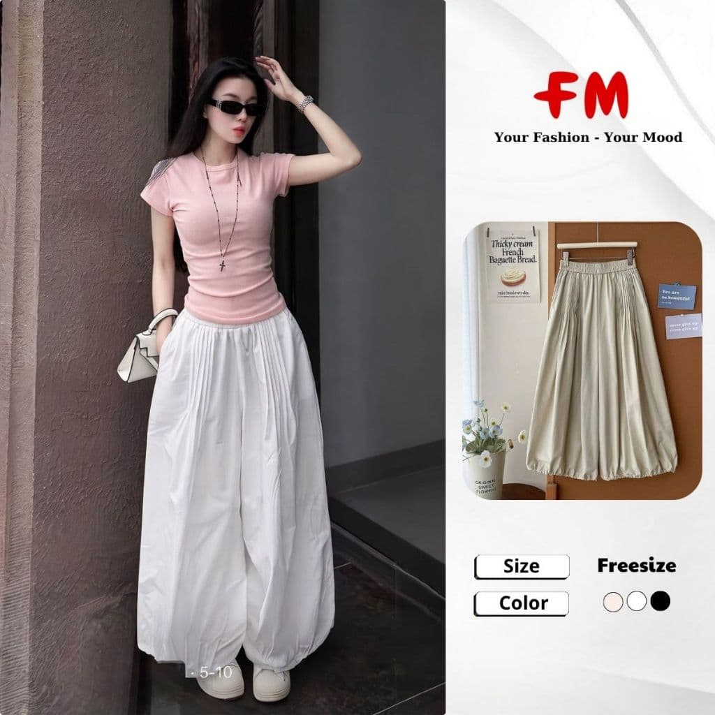 Quần Kaki Nữ Ống Rộng FMSTYLE Lưng Thun Chít Ly Lai Rút Form Rộng Thoải Mái 26070750