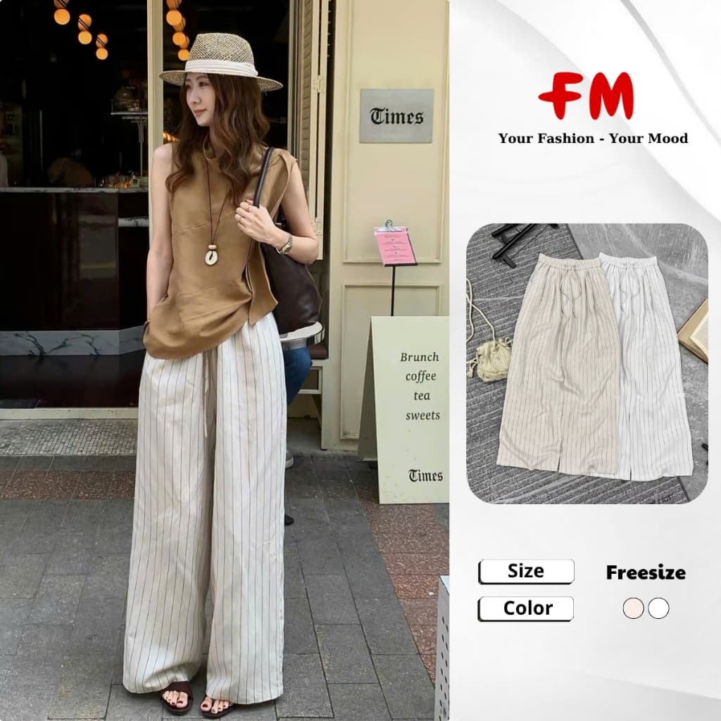 Quần Ống Suông Nữ Linen Kẻ Sọc Lưng Thun Dây Rút FMSTYLE – Quần Dài Ống Suông Thanh Lịch 26070362