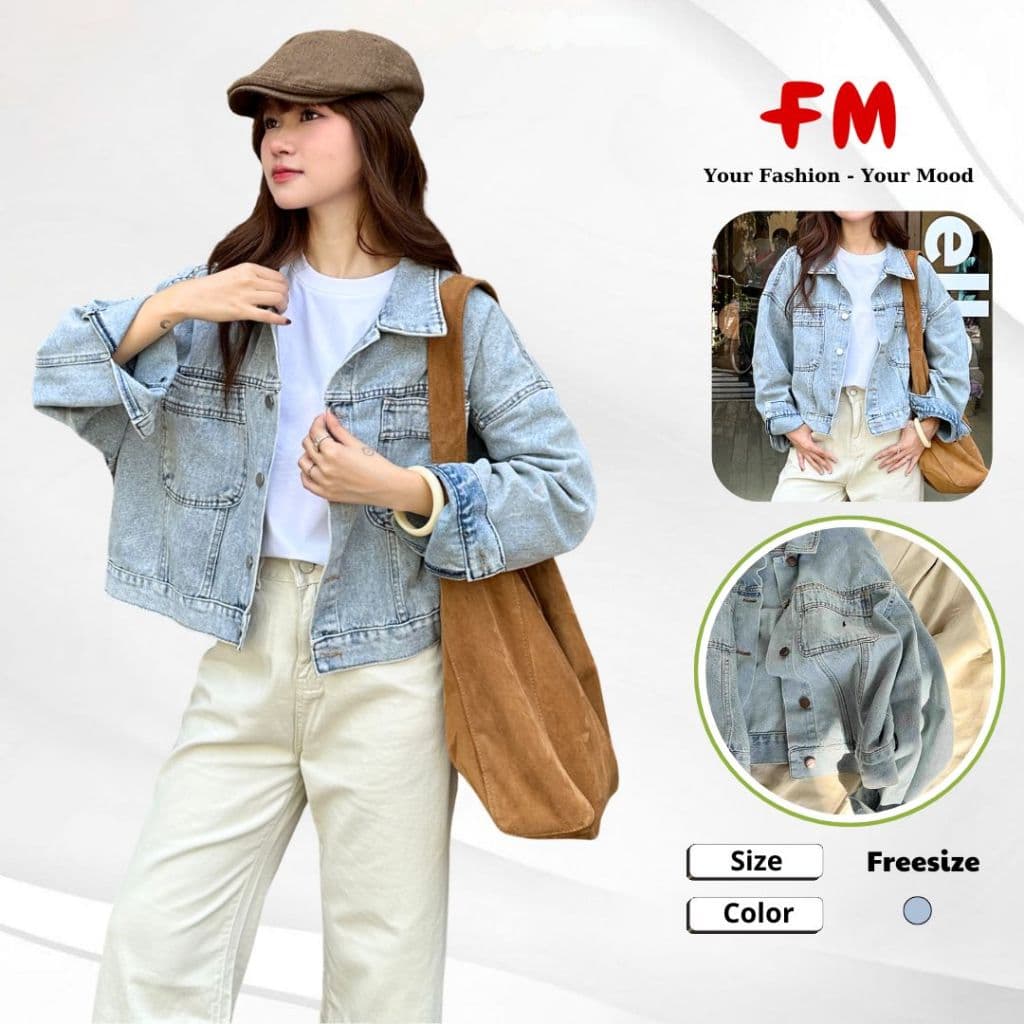 Áo Khoác Jeans Nữ FMSTYLE Tay dài 2 túi viền dáng Croptop Oversize 26040104