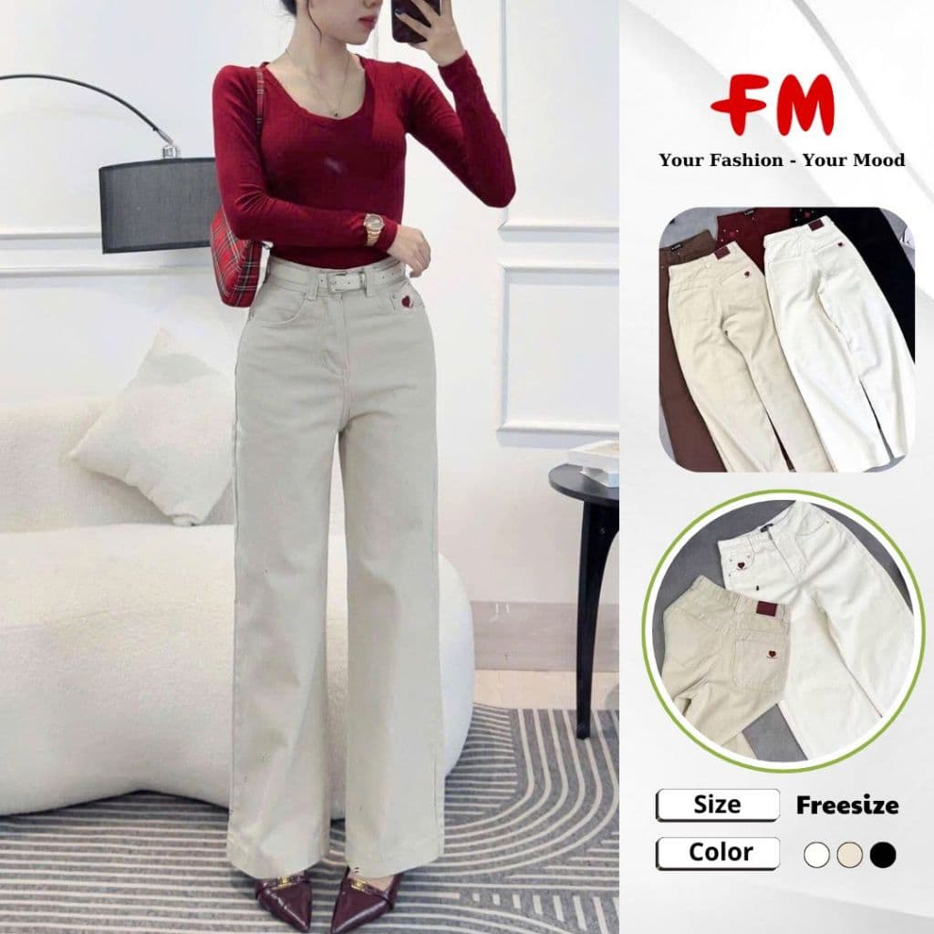 Quần Kaki Ống Suông Nữ FM Style Đồ Nữ – Thêu Hình Tim, Vải Dày Dặn, Form Chuẩn Tôn Dáng 26030729