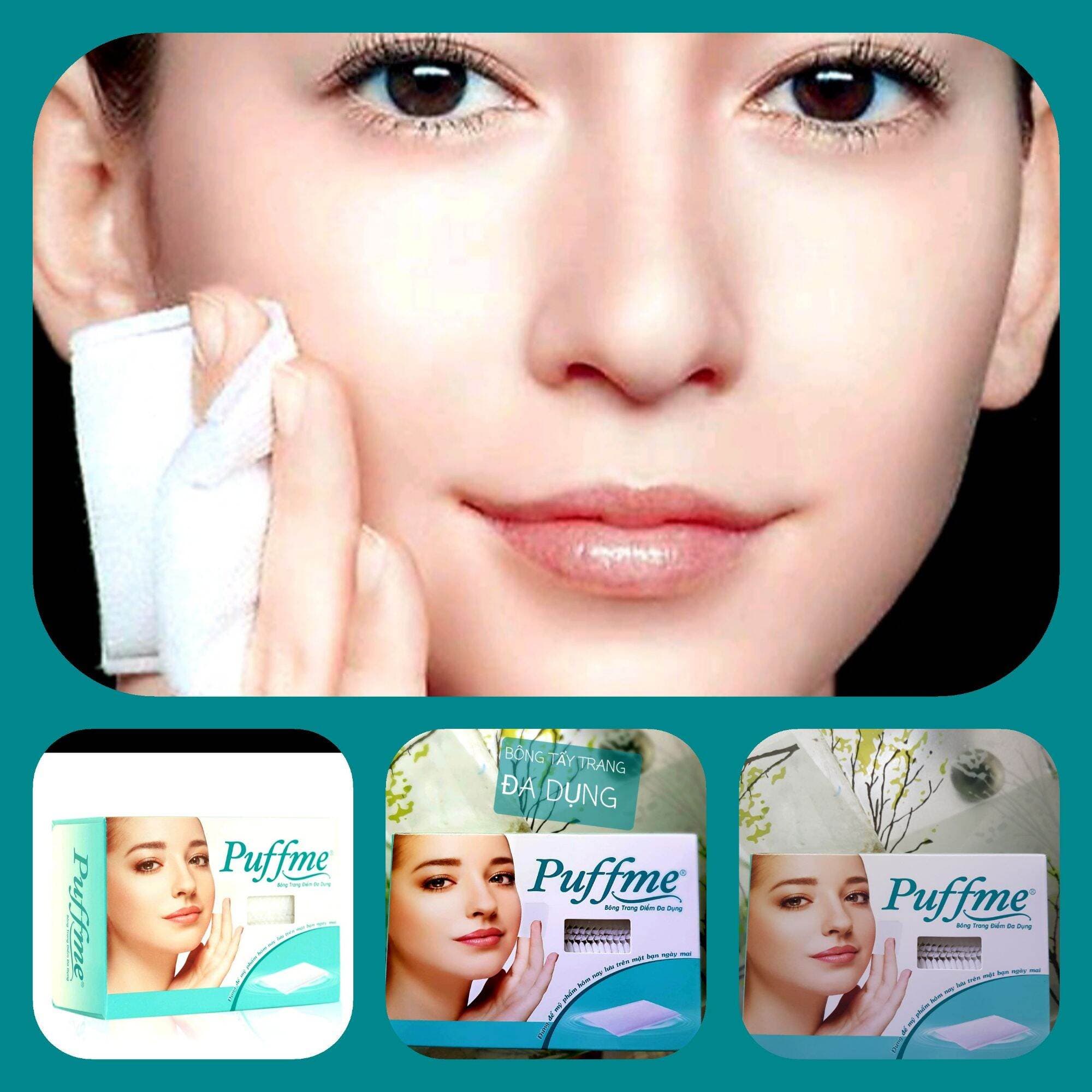 Bông tẩy trang hộp Puffime 80 miếng   cao cấp dùng trang điểm và tẩy trang tới miếng cuối cùng mà vẫn còn ghiền