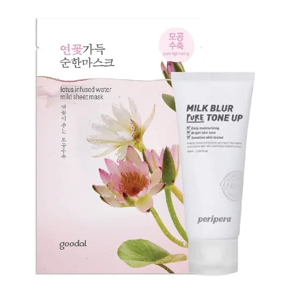 (Gift) 1 Kem Lót Nâng Tông Da PERIPERA MILK BLUR TONE UP CREAM 1 Pure & 1 Mặt Nạ Se Mịn Lỗ Chân Lông GOODAL LOTUS INFUSED WATER MILD SHEET MASK
