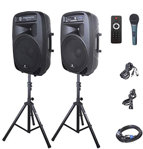 PRORECK Party 15 Portable 15-Inch 2000 Watt 2-Way Powered PA Speaker System Combo Set with Bluetooth/USB/SD Card Reader/ FM Radio/Remote Control/LE...