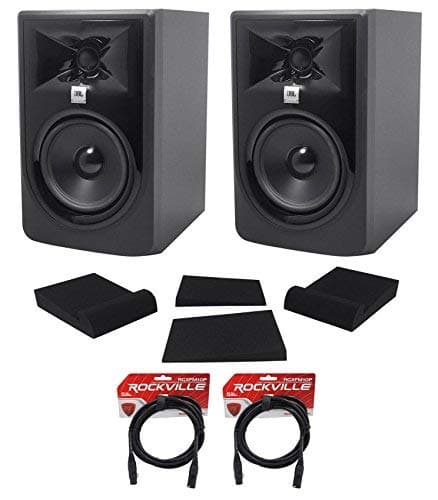 (2) JBL 305P MkII 5" 2-Way Powered Studio Monitoring Speaker Bundle with Rockville RCXFM20E-B 20 Foot Female to Male XLR Mic Cable and (2) Pair...