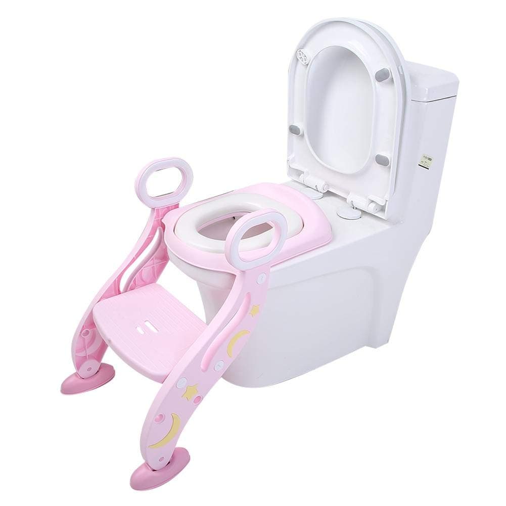 Potty Training Toilet Seat,Pink Adjustable Toddler Toilet Seat with Step Stool Ladder for Children Baby,Silicone Non-Slip Base + Pu Cushion(#1)