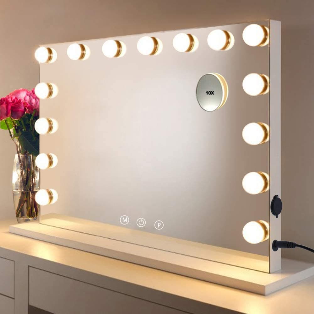HOMPEN Vanity Mirror Makeup Mirror with Lights,Large Hollywood Lighted Vanity Mirror with 15 Dimmable LED Bulbs ,3 Color Modes, Touch Control for D...