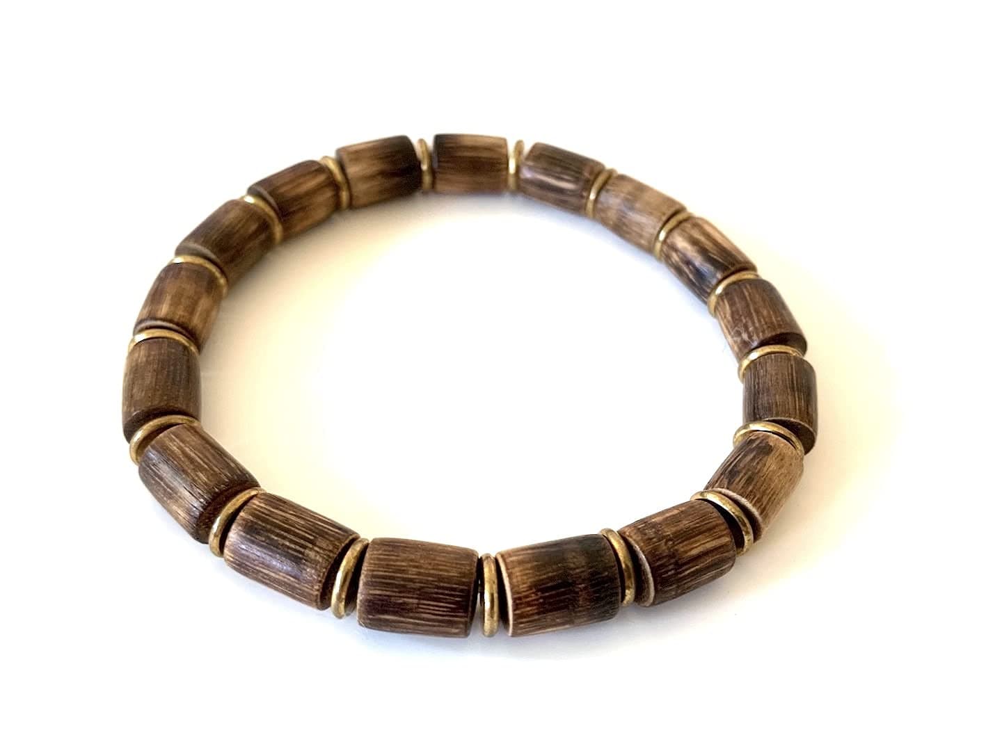SuperJewelry 8mm New Natural Indonesia Agarwood Grain Prayer Beads Meditation Bead Cylindrical Jewelry Elastic Wristband Bracelets Pure Copper Spac...