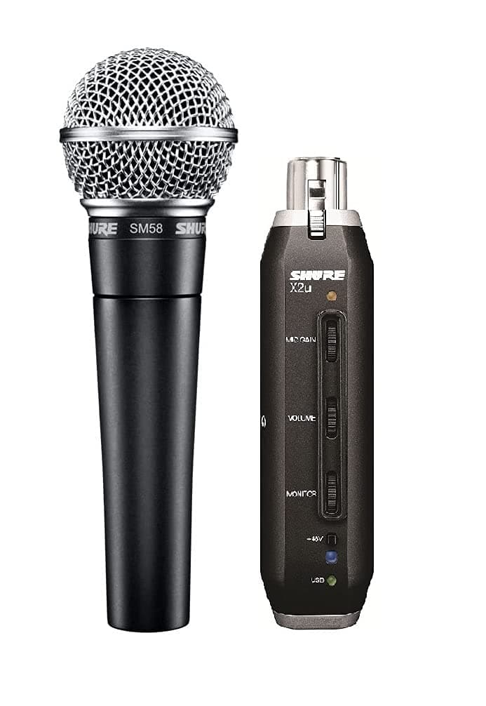 Shure SM58 Cardioid Dynamic Vocal Microphone with X2u XLR-to-USB Signal Adapter for Zero-Latency Monitoring (Real-Time Playback), 3m USB Cable, A25...