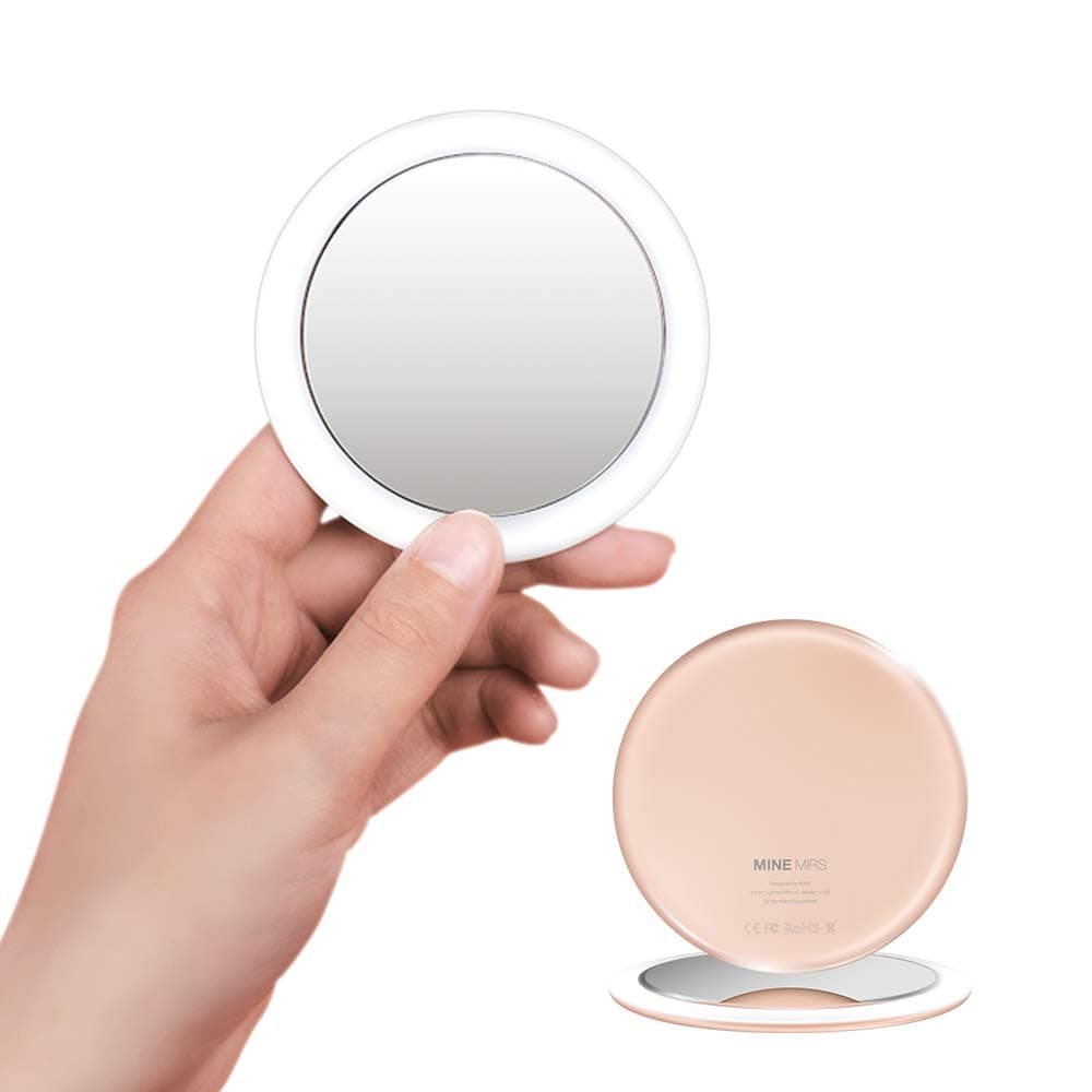 MINE MIRS Compact Mirror with Light for Makeup, 3 Light Mode Dimmable Brightness Mirror for Pocket & Purse, Touch Sensing Control, Mirror Case Incl...