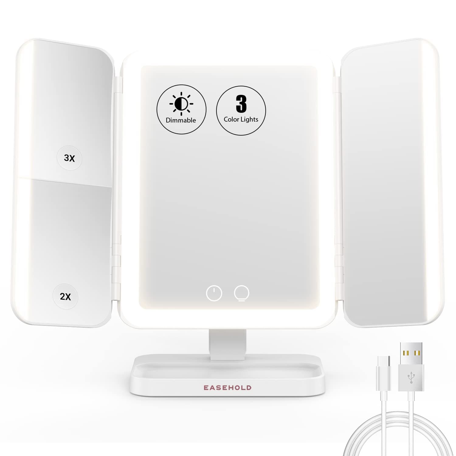 EASEHOLD Rechargeable 5000 mAh Lighted Makeup Mirror, 1X/2X/3X/10X Magnifying Vanity Mirror, 3-Color Mirror with Lights, 116 LEDs, Adjustable Brigh...