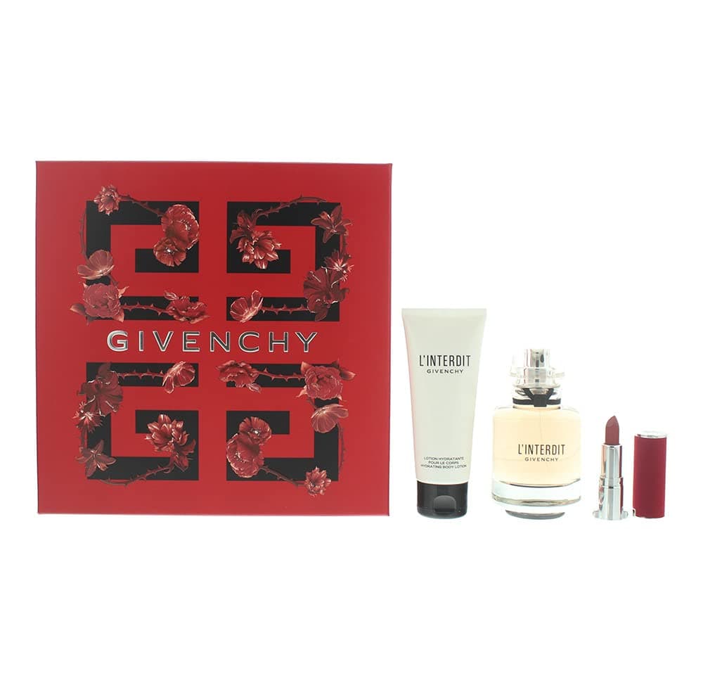 Givenchy L'interdit 3-Pieces Set for Women (2.6 Oz Eau De Parfume Spray + 2.5 Oz Hydrating Body Lotion + 0.5 Oz Lipstick)
