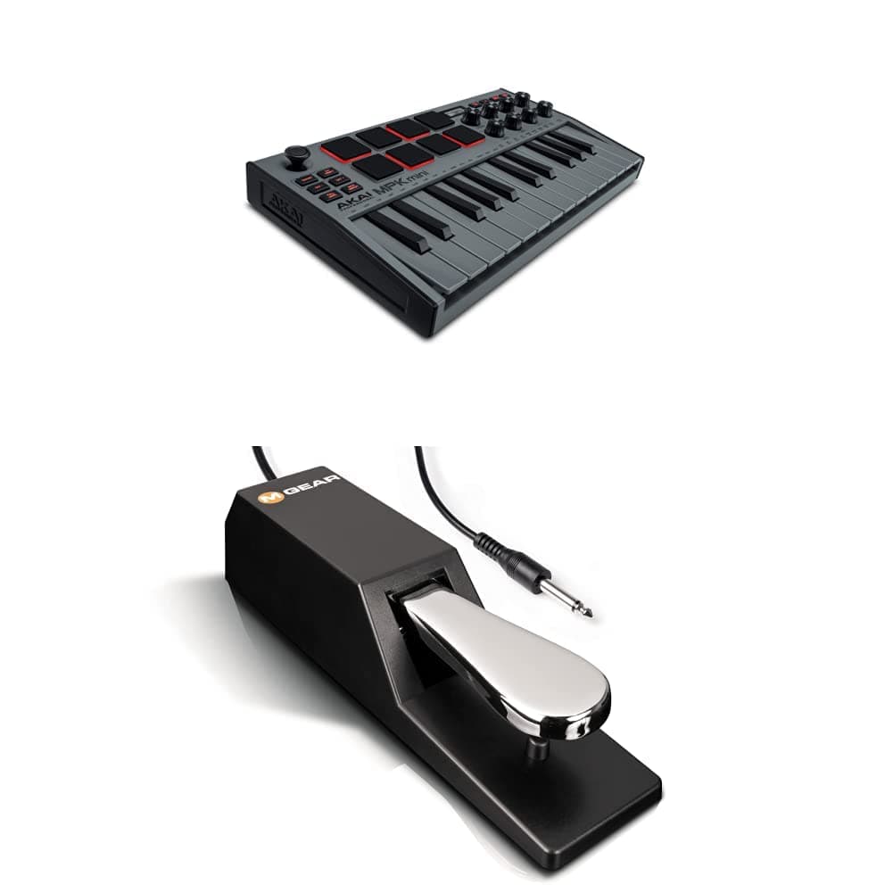 MIDI Controller Bundle - 25 Key USB MIDI Keyboard With 8 Backlit Drum Pads, 8 Knobs and Sustain Pedal - AKAI Pro MPK Mini MK3 Grey and M-Audio SP-2