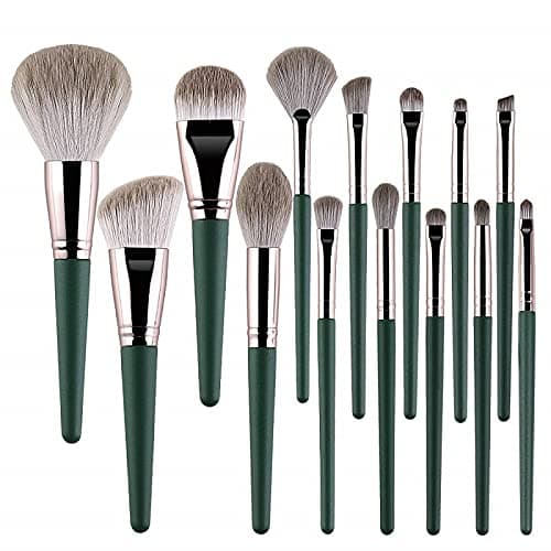 New 14 professional makeup brush set with green wooden handle, super soft beauty tool with exquisite packaging box (Green bucket)