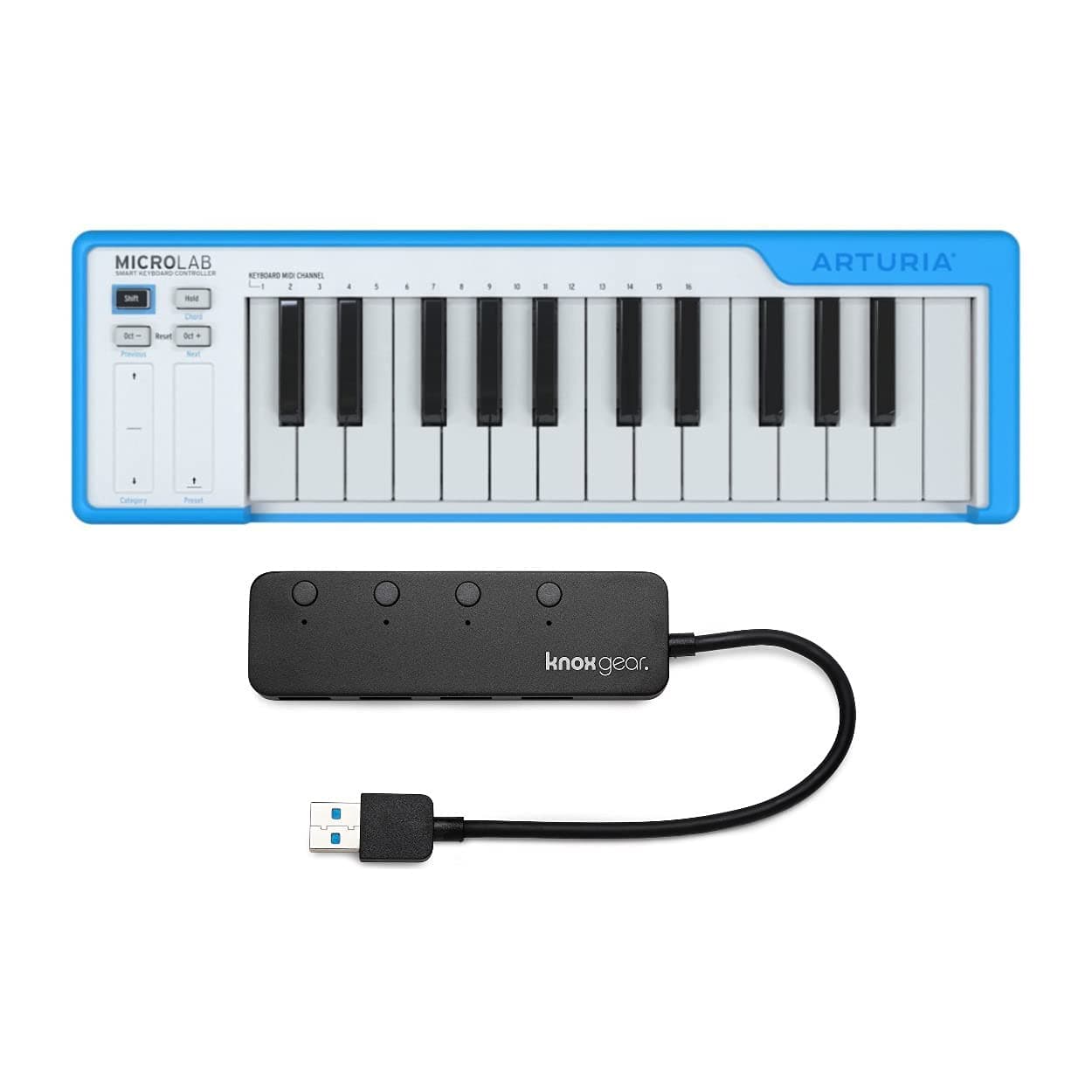 Arturia MicroLab 25-Key USB MIDI Keyboard Controller (Blue) with Knox 4-Port USB 3.0 Hub Bundle (2 Items)