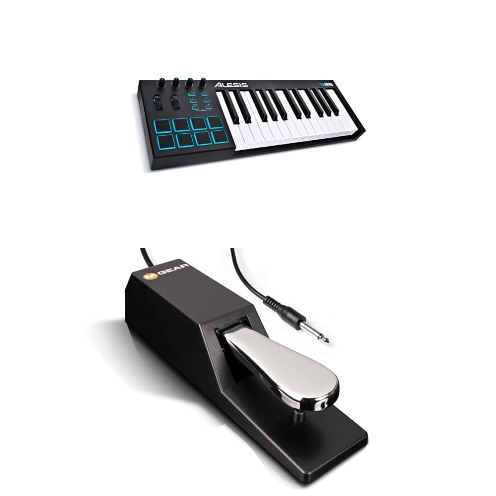 MIDI Controller Bundle | 25 Key USB MIDI Keyboard with 8 Beat Pads, Sustain Pedal and Software Suite – Alesis V25 and M-Audio SP-2