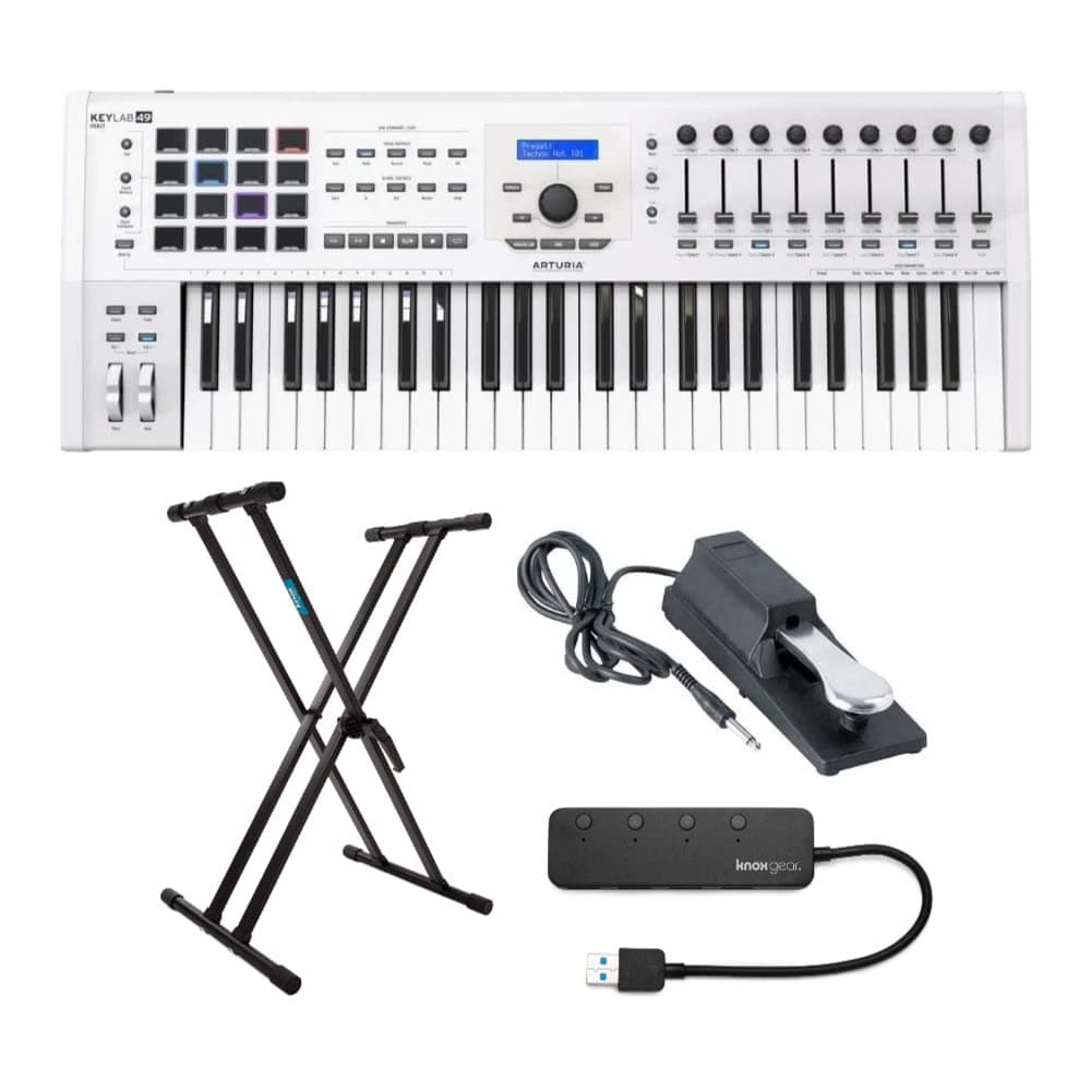 Arturia KeyLab MkII 49 Keyboard Controller (White) Bundle with Knox Gear Stand, Pedal and 4-Port USB 3.0 USB Hub (4 Items)