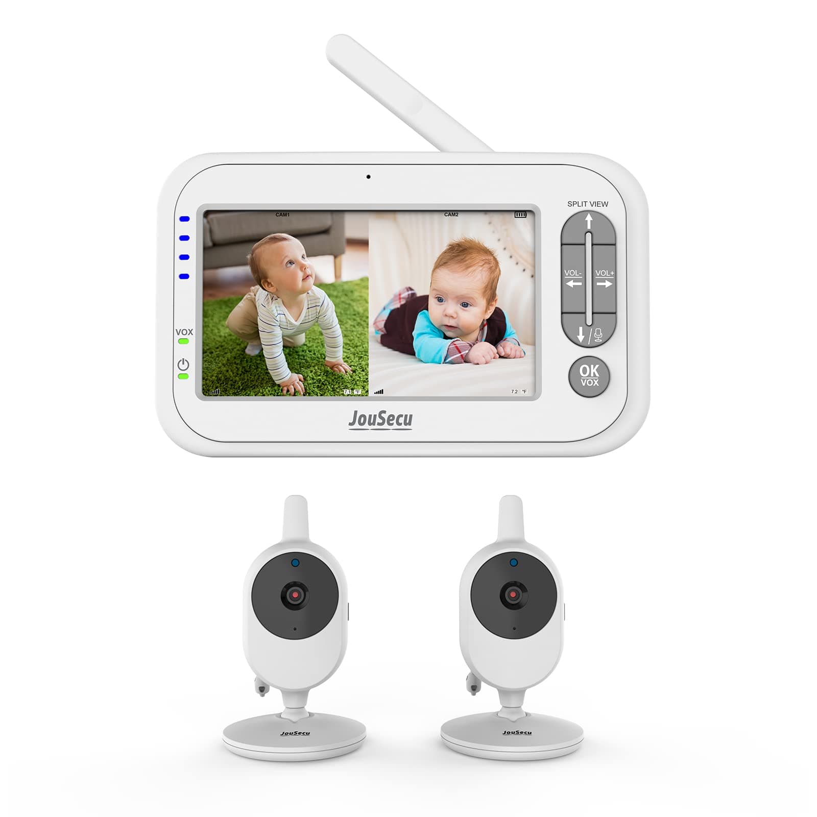 Baby Monitor with 2 Cameras, JouSecu Video Baby Monitor, 4.3 " LCD Split Screen,2-Way Audio, Crying Detection, Night Vision, Temperature Detection