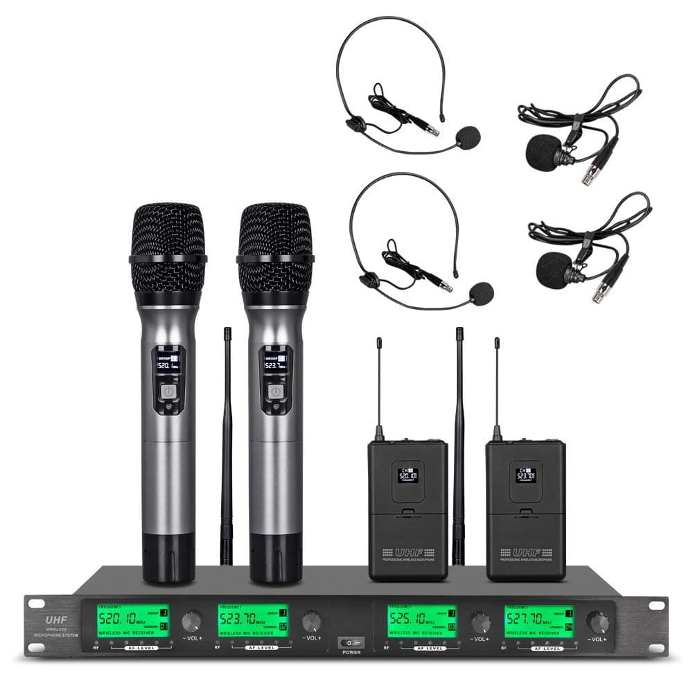 Wireless Microphone System UHF 4 Channel 2 Handheld Mic 2 Headset 2 Lavalier Bodypack 2 Lapel Mic Pro Karaoke System Speaking Conference Wedding Party