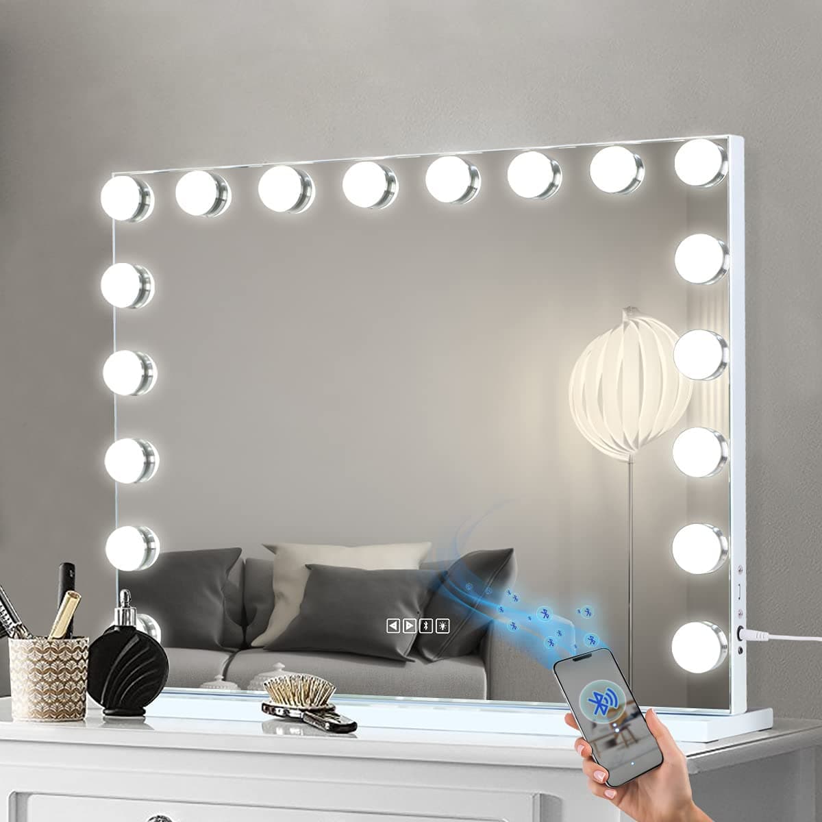 Leishe Large Hollywood Vanity Mirror with Lights and 18 Dimmable LED Bulbs Vanity Mirror with Lights and USB Charging Port,Hollywood Lighted Makeup...