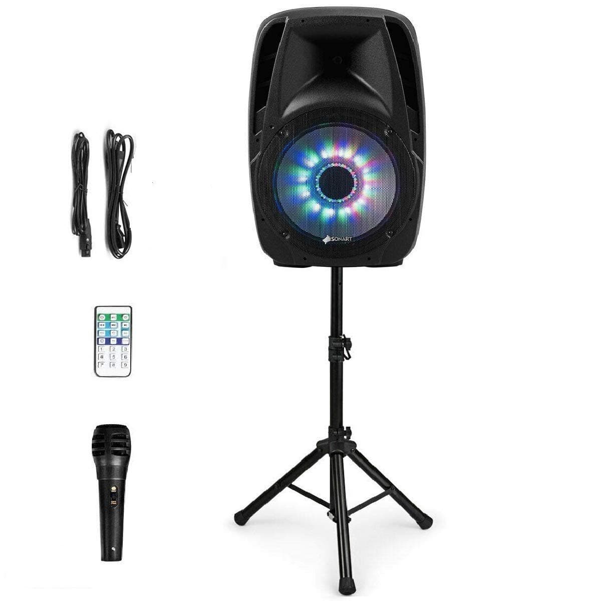 Sonart 15" 1500W Powered Speakers, 2-Way Full Range Portable PA Speaker System Combo Set With Stands/Illuminating Light/Microphone/EQ/USB/Bluet...