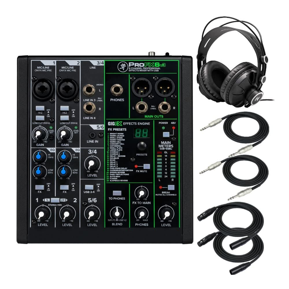 Mackie ProFX6v3 6-Channel Professional Effects Mixer with USB Bundle - Includes Knox Gear TX-100 Closed-Back Studio Monitor Headphones, 1/4" TR...
