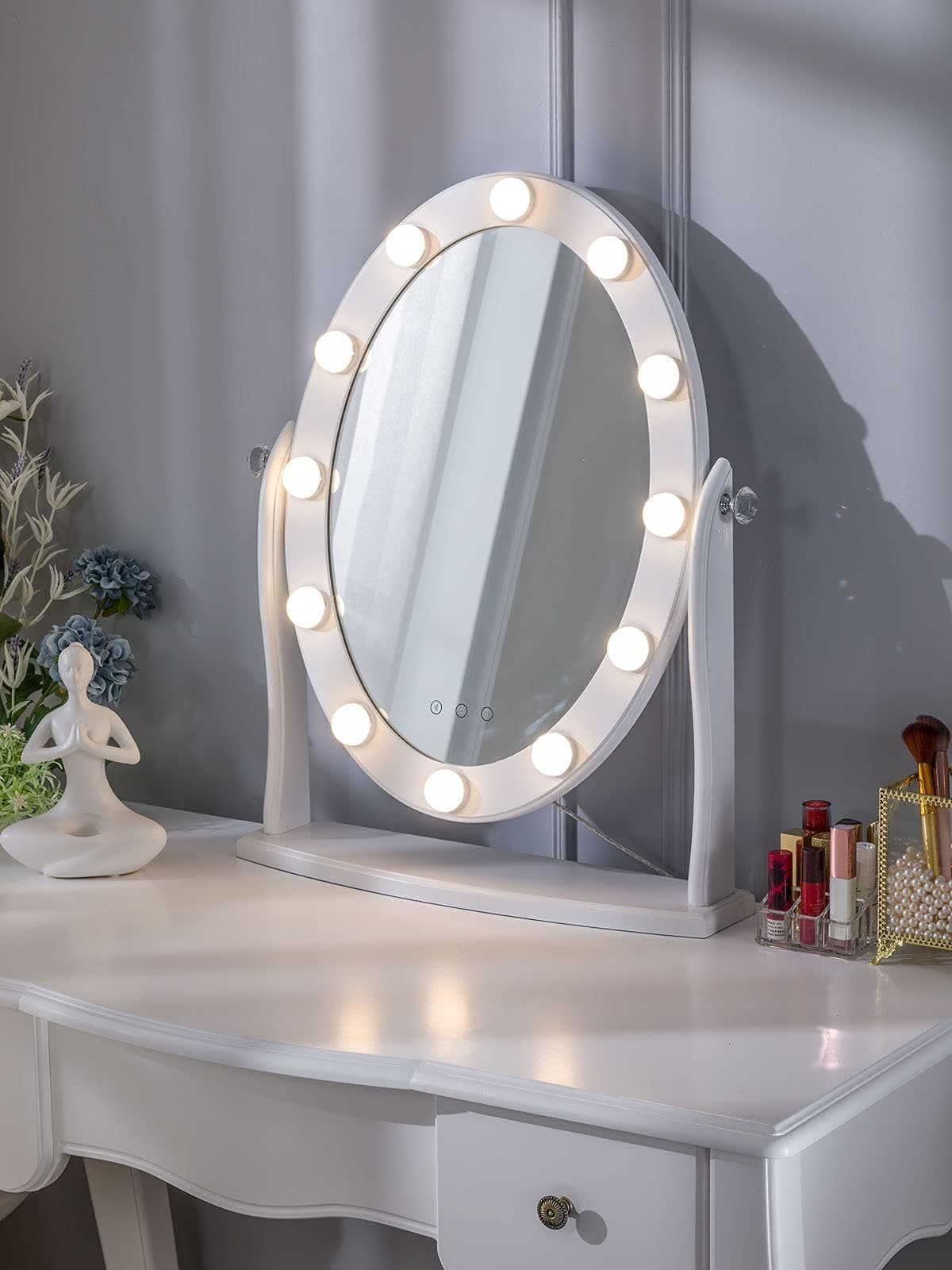LUXFURNI Hollywood Lighted Vanity Vintage Makeup Mirror w/ 12 LED Lights, Touch Control dimmable Cold/Warm Light, Adjustable Angle for Dressing Table
