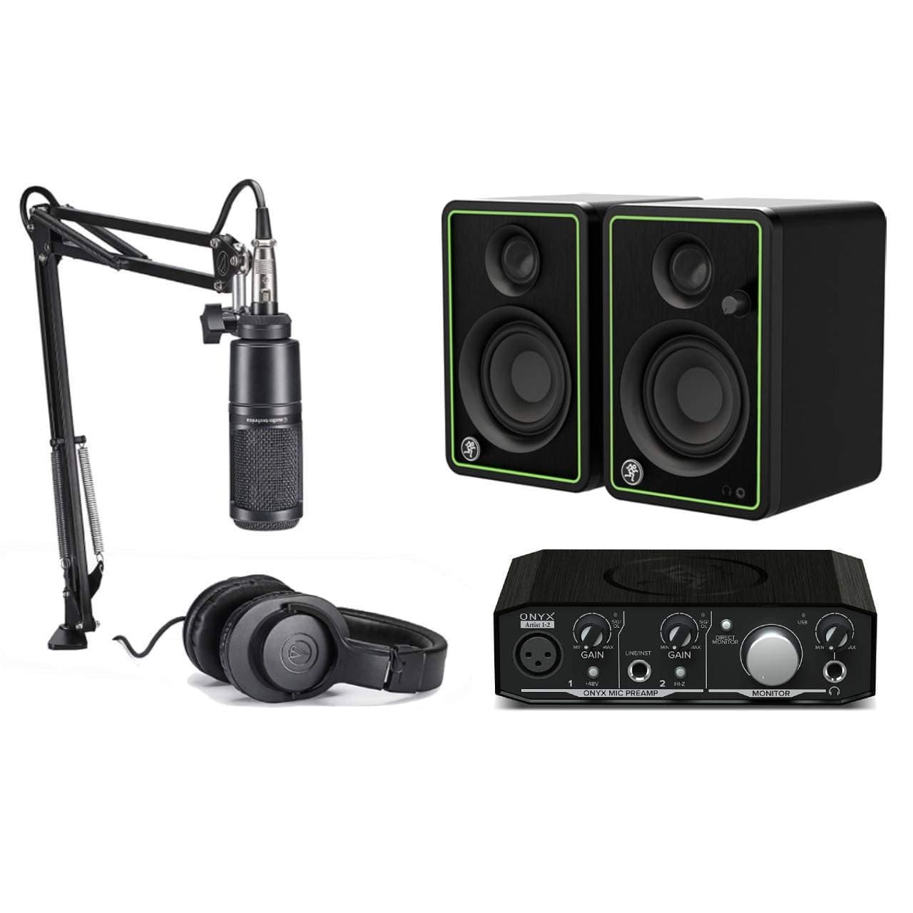 Audio-Technica/Mackie Professional Home Studio Starter Kit - AT2020 Microphone, M20x Monitor Headphones with Mackie CR3-X Moniter Speakers and Mack...