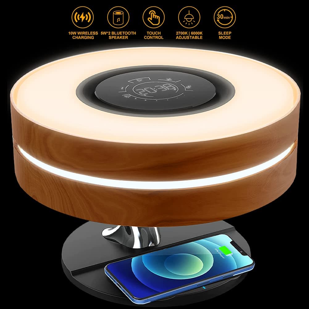 Bedside Lamp, Desk Lamp with Bluetooth Speaker Desk Light with Wireless Charger Table Lamp with Stepless Dimming and Touch Control Tree Lamp 10W Qi...