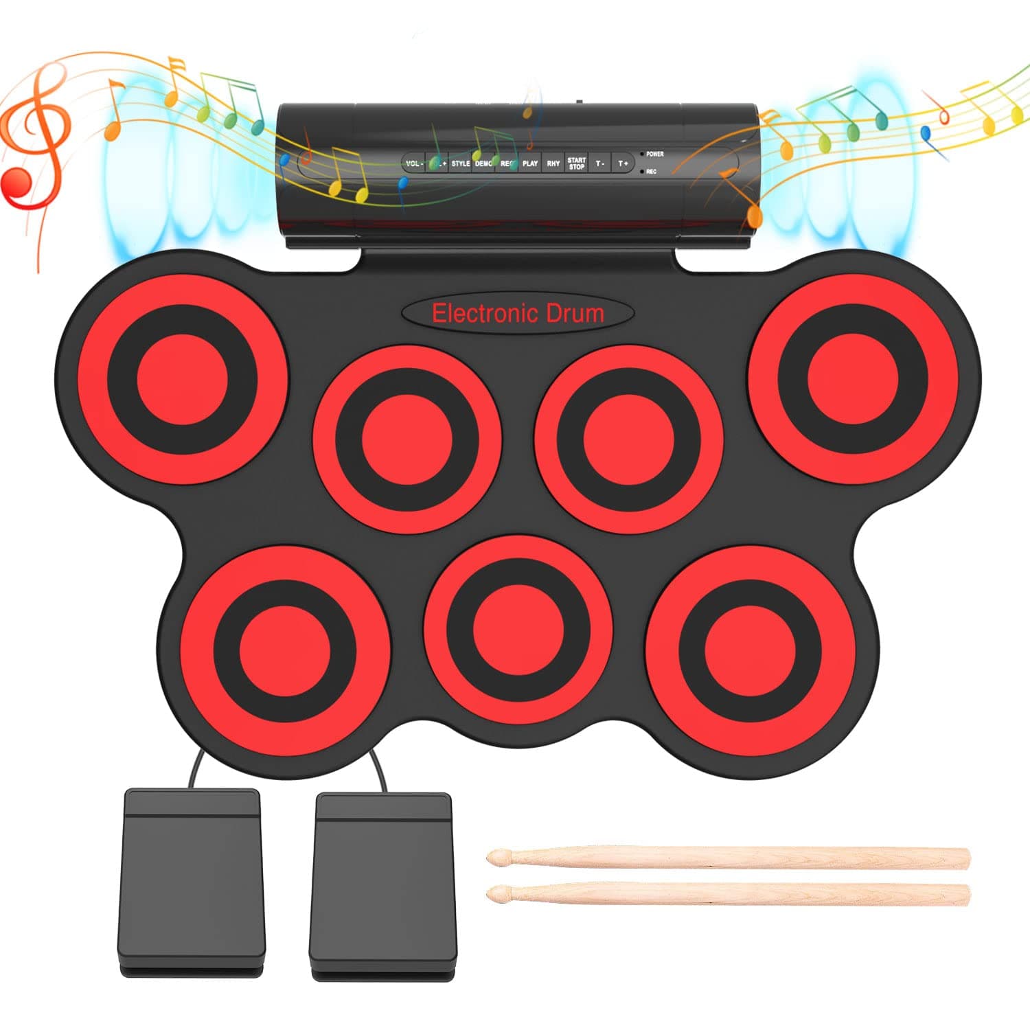 Electronic Drum Set - KONIX Electric Drums Set for Beginner - Tabletop Digital Practice Pads Roll Up Drum with Speaker, Pedals, Sticks, Audio Cable...