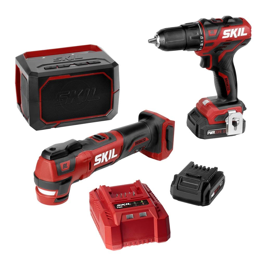 SKIL 3-Tool Combo Kit: Pwrcore 12 Brushless 12V 1/2" Cordless Drill Driver, Oscillating Multitool & Bluetooth Speaker, Includes Two 2.0Ah Lithi...