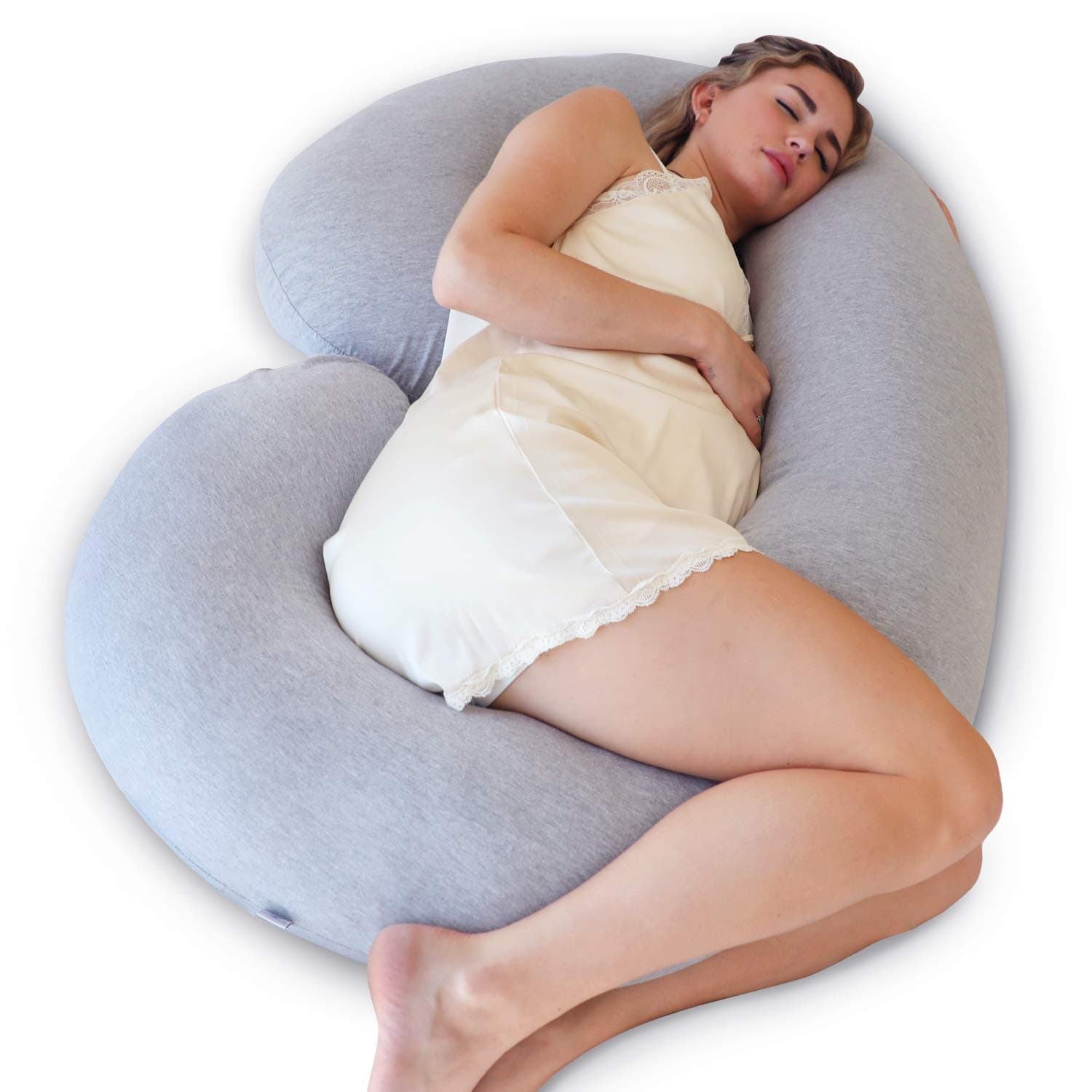 The CeeCee Pillow by PharMeDoc Pregnancy Pillows C-Shape Full Body Pillow and Maternity Support (Grey Jersey Cover)- Support for Back, Hips, Legs, ...
