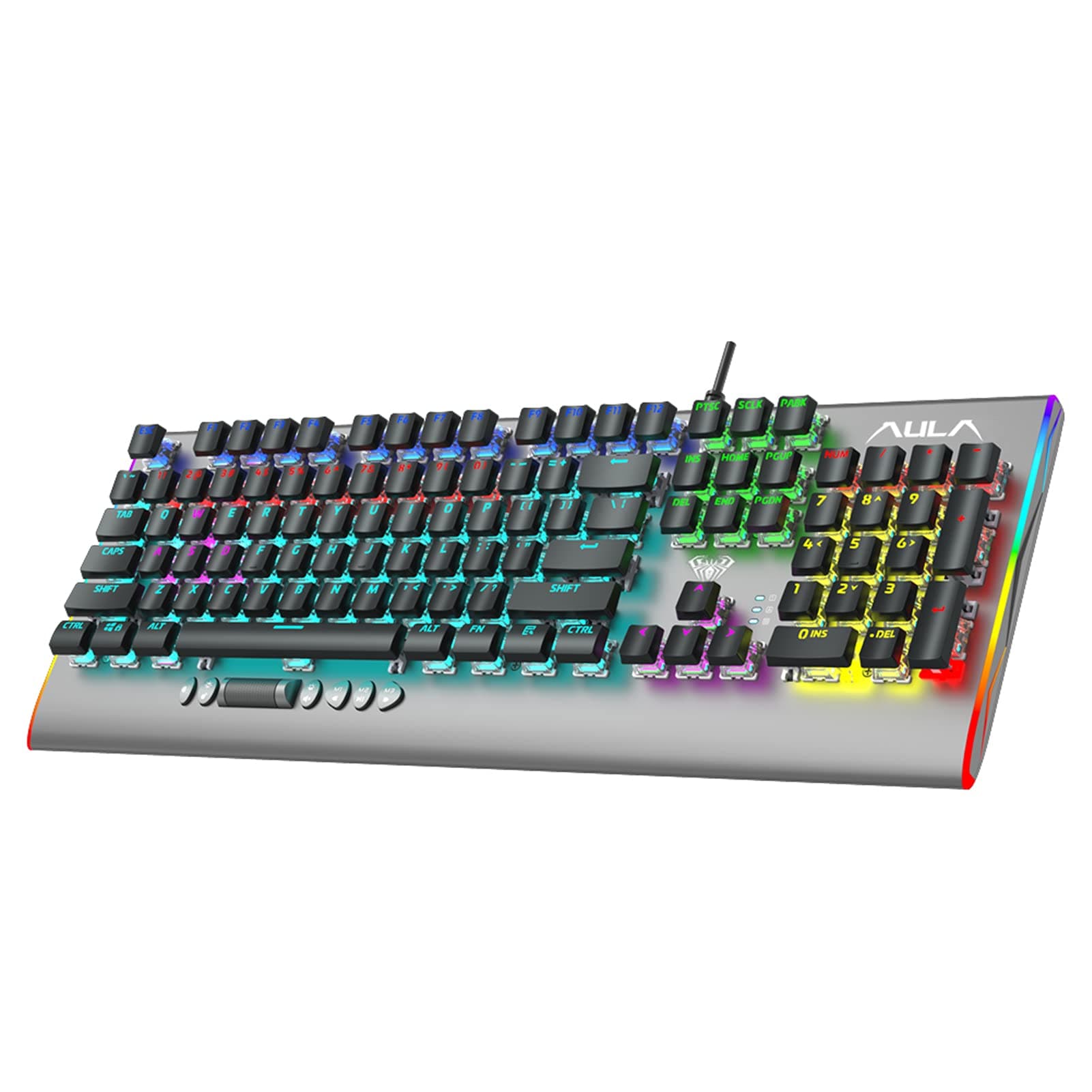 AULA F2099 Low Profile Mechanical Keyboard, with Media Knob, RGB Rainbow Backlit, Slim Floating Keycaps 104 Keys USB Wired PC Gaming Keyboards (Blu...
