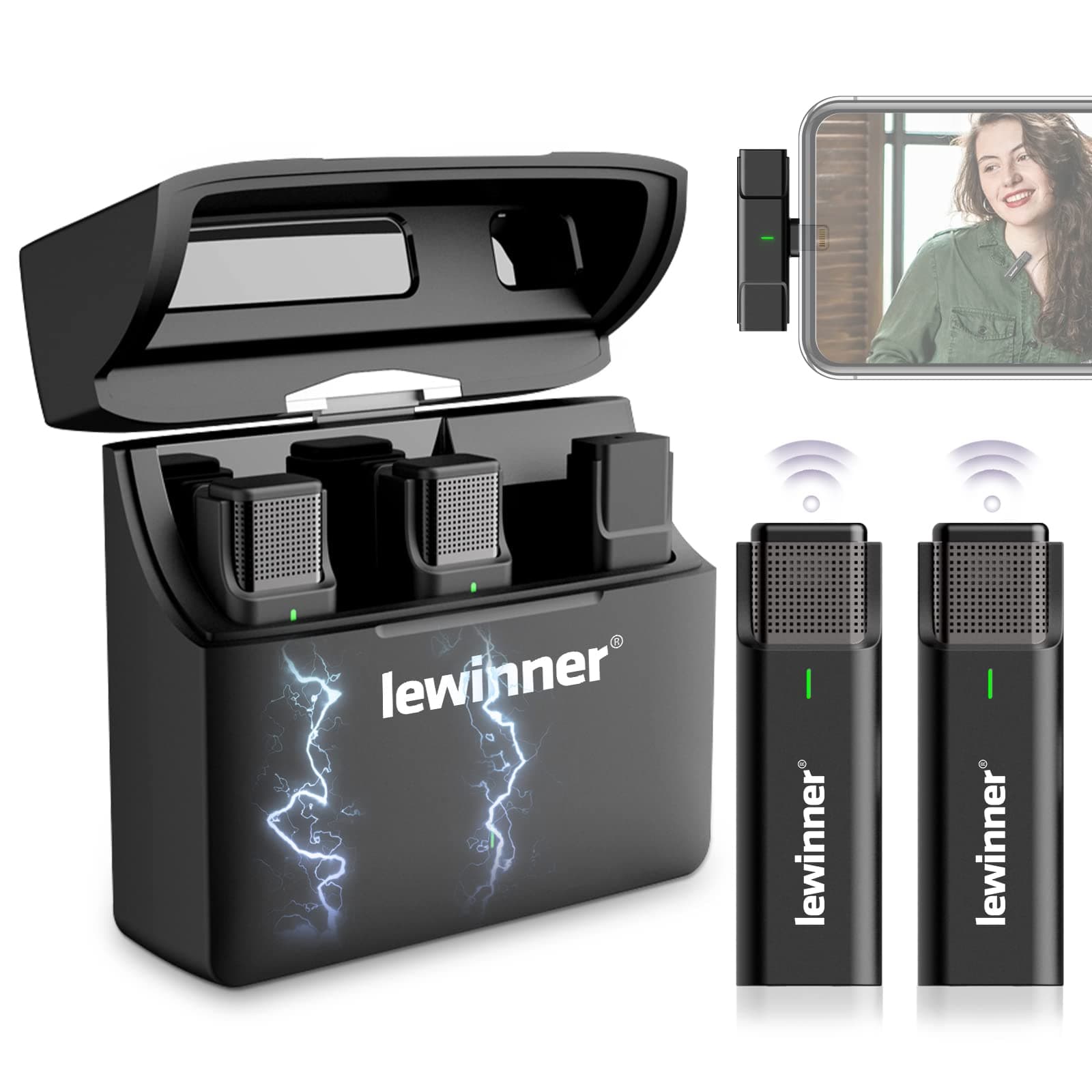 Lewinner 2 Pack Wireless Lavalier Microphones for iPhone iPad, 2.4GHz Plug & Play Lapel Clip-on Mic with Charging Case for Interview TikTok Live St...