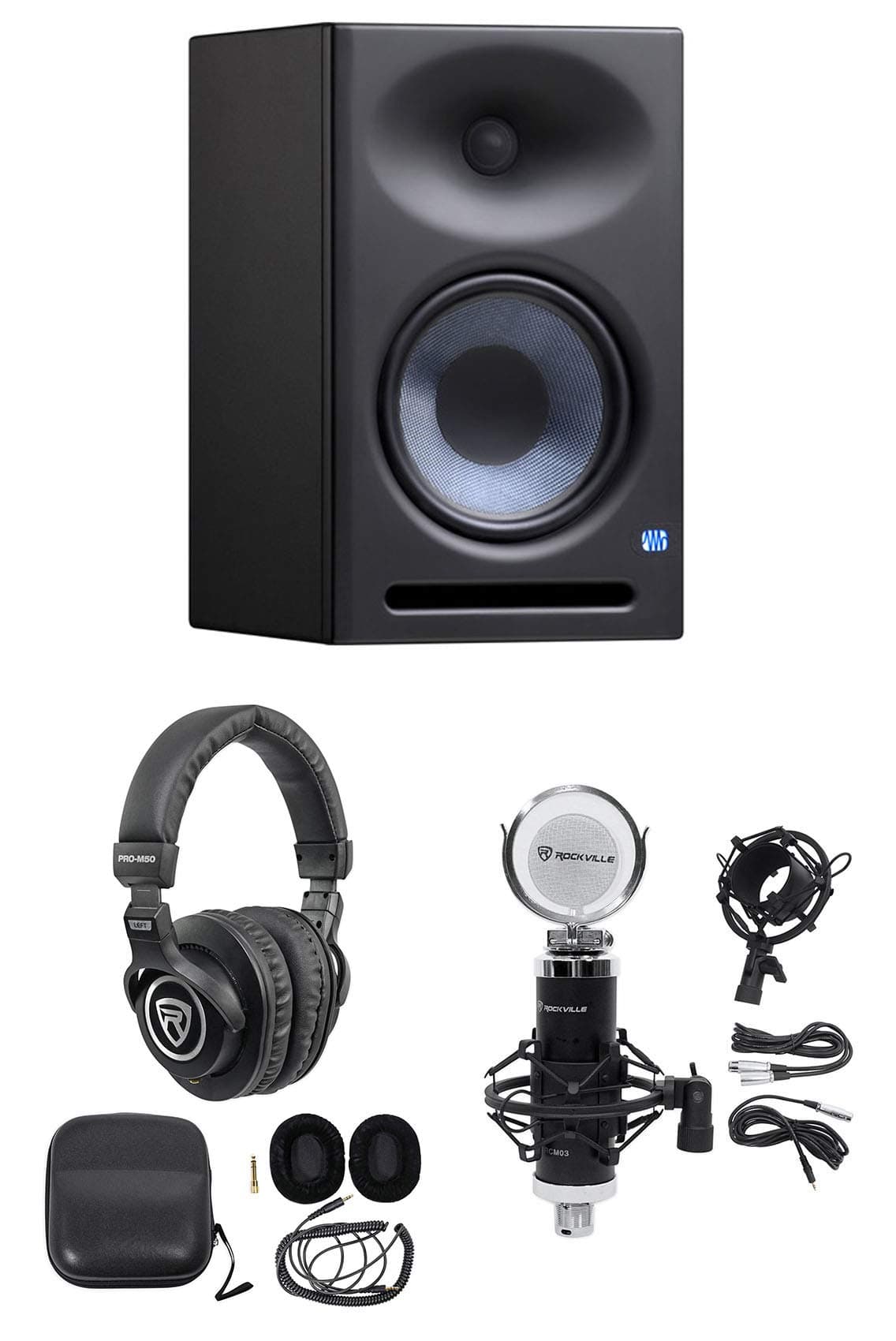 (1) Presonus Eris E8 XT 8" Active Powered Studio Monitor Speaker Bundle with (1) Rockville PRO-M50 Studio Headphones and (1) RCM03 Pro Studio C...