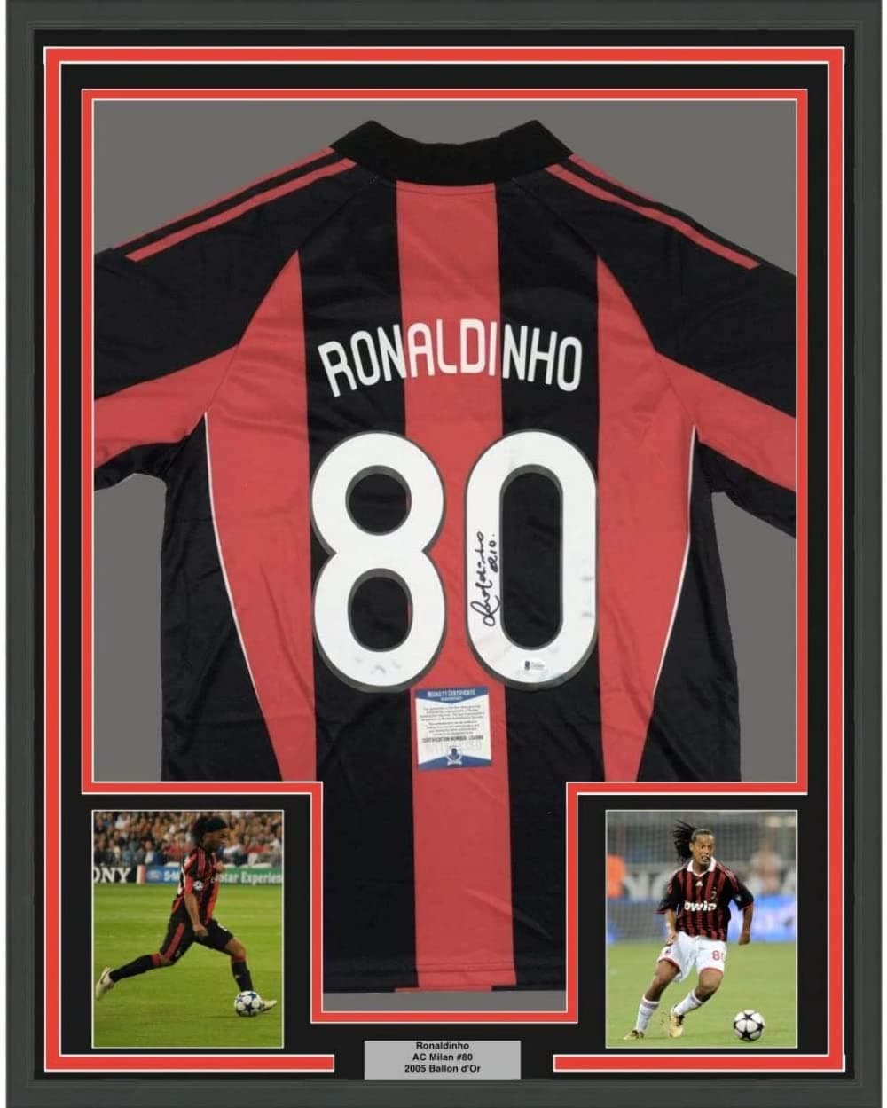 Framed Autographed/Signed Ronaldinho 33x42 AC Milan Red/Black Soccer Futbol Jersey Beckett BAS COA
