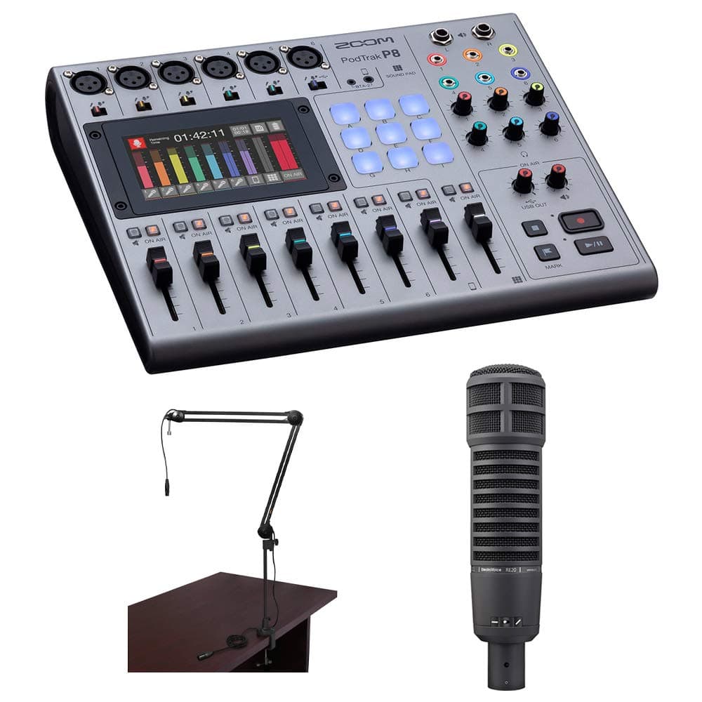 Zoom PodTrak P8 Portable Multitrack Podcast Recorder Bundle with Electro-Voice RE20 Microphone & Broadcast Arm