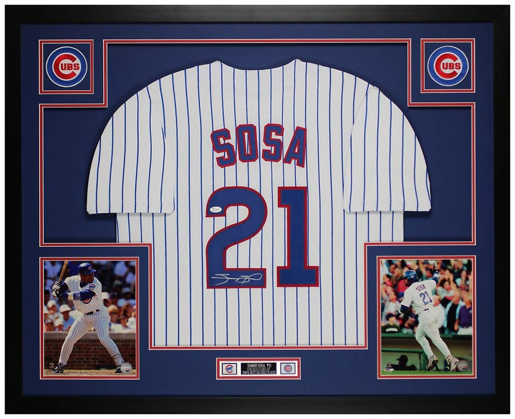 Sammy Sosa Autographed Pinstriped Chicago Cubs Jersey - Beautifully Matted and Framed - Hand Signed By Sammy Sosa and Certified Authentic by JSA - ...