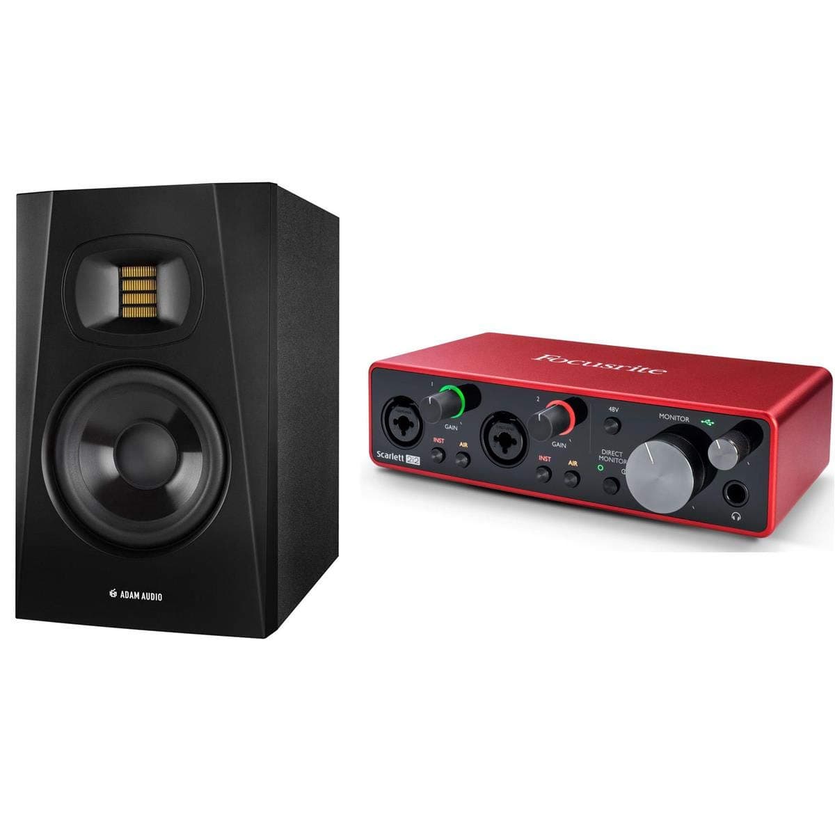 Adam Audio 2 Pack Professional T-Series T5V 5" 70W 2-Way Active Nearfield Monitor, with Focusrite Scarlett 2i2 2x2 USB Audio Interface