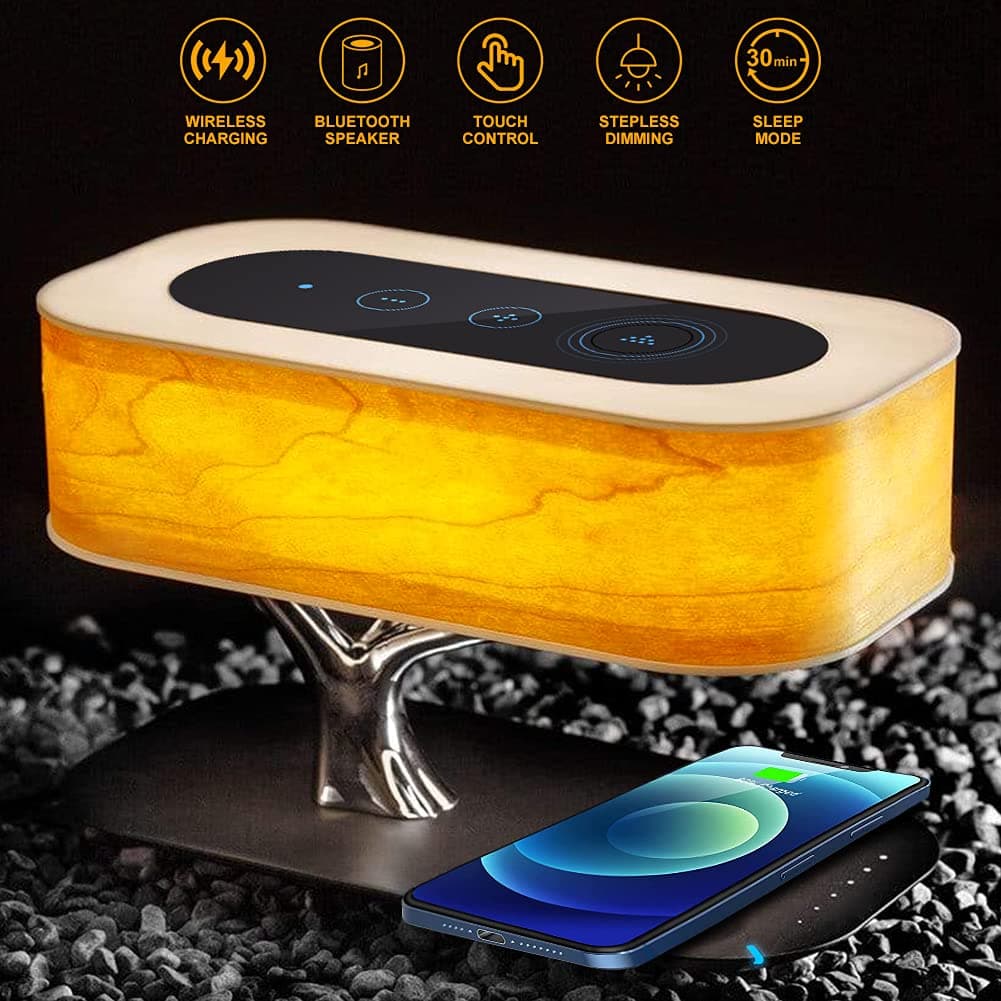 Bedside Lamp, Desk Lampwith Bluetooth Speaker Desk Light with Wireless Charger Table Lampwith Stepless Dimming Tree Lamp for Bedroom, Living Room, ...