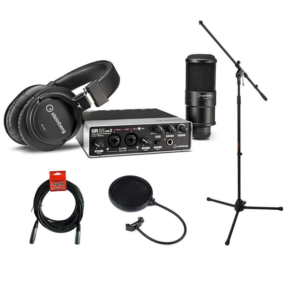 Steinberg UR22 MKII Recording Pack with MS-5230F Tripod Microphone Stand, XLR-XLR Cable & Pop Filter Kit