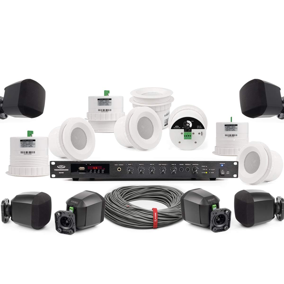 Pure Resonance Audio C3 Ceiling Speaker Bundle with Pure Resonance Audio S3 Surface Mount Speakers and Pure Resonance Audio RMA240BT Bluetooth Mixe...