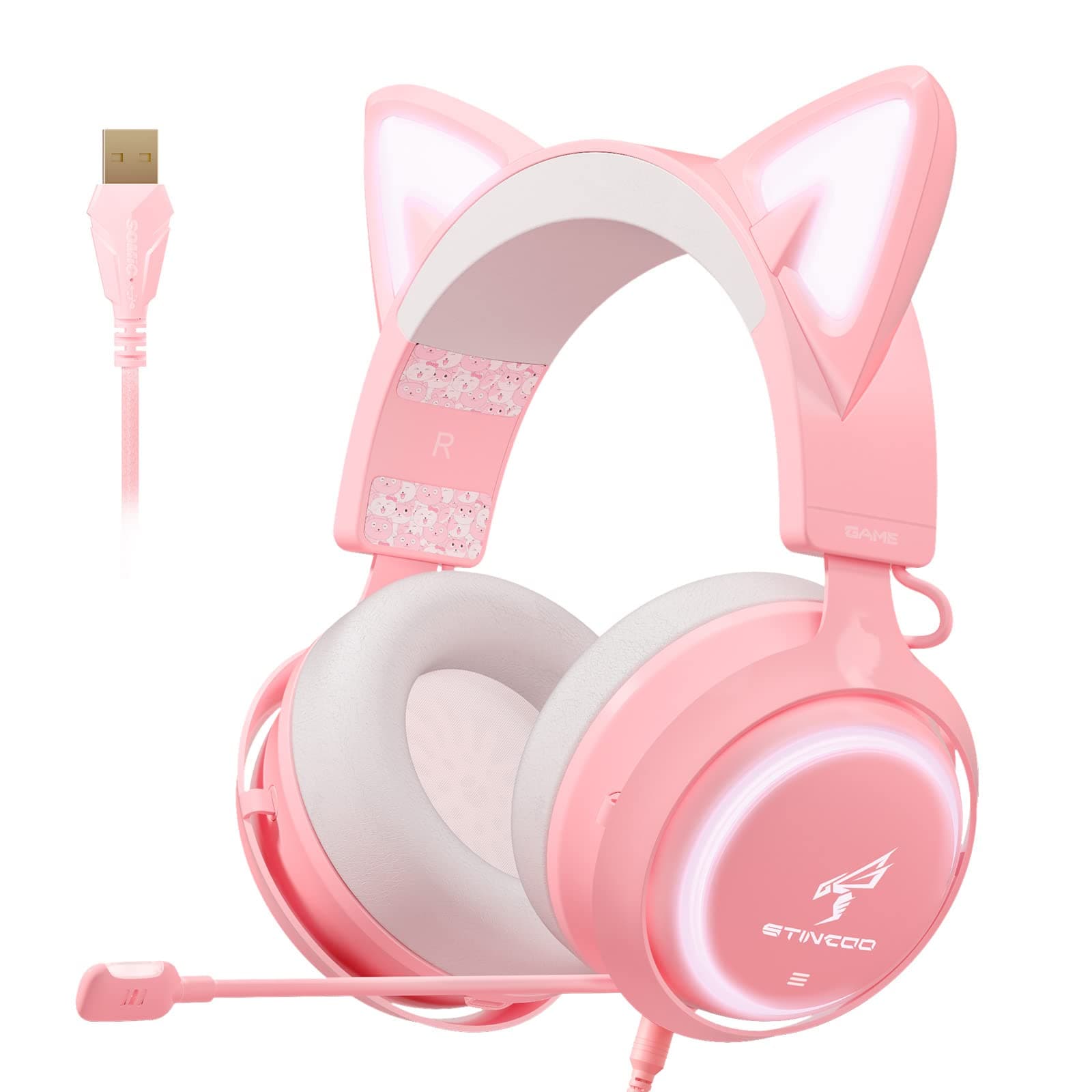 Pink Gaming Headset, EASARS Cat Ear Headphones, USB Headset with Retractable Mic, 7.1 Surround Sound, RGB Lights Headset for PC, PS4, PS5