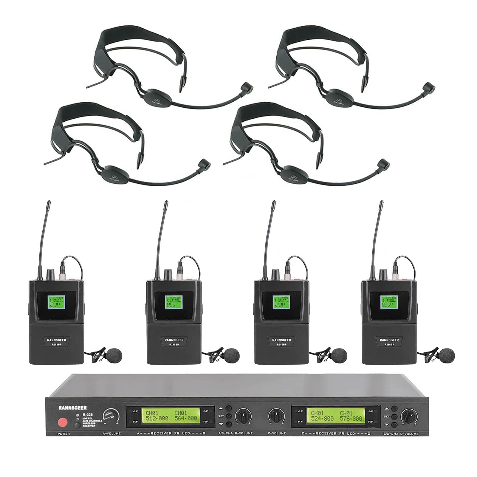 Rannsgeer 4 Channel Wireless Microphone Headband Headset and Lapel Mics UHF 128 Selectable Frequencies R288HS4CM518