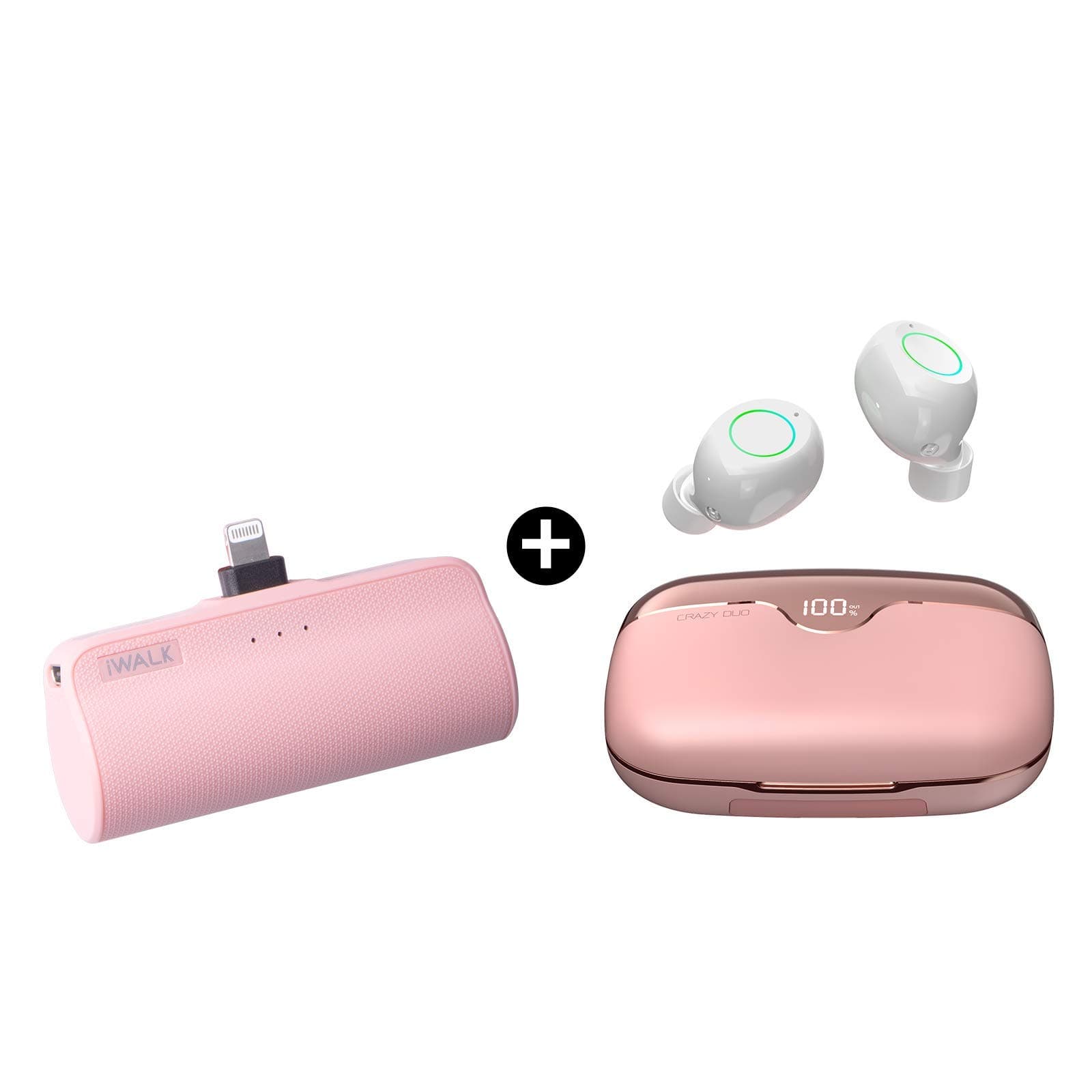 iWALK Mini Portable Charger for iPhone Small Power Bank, Pink Wireless Earbuds 2500mAH, Hi Fi Volume Control Double as Power Bank, Twin & Mono Mode